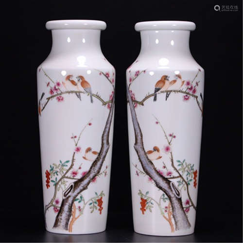 A PAIR OF CHINESE FAMILLE ROSE FLOWER AND BIRD VASES