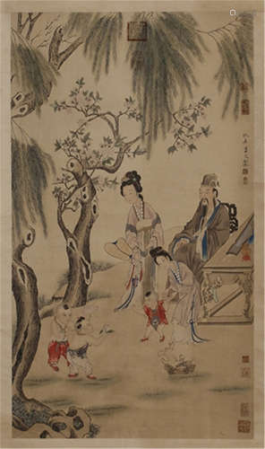 A CHINESE SCROLL PAINTING OF MEN AND BOY UNDER TREE