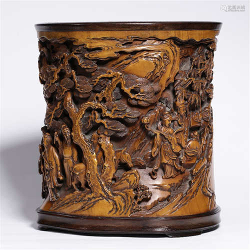 A CHINESE YELLOWWOOD IMMORTALS BRUSH POT