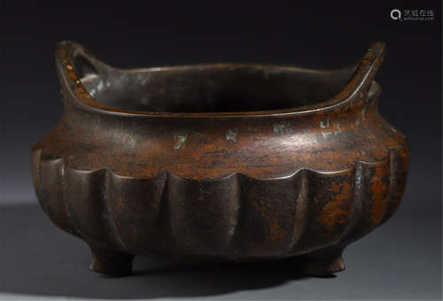 A CHINESE BRONZE DOUBLE EARS MELON TRIPLE FEET CENSER