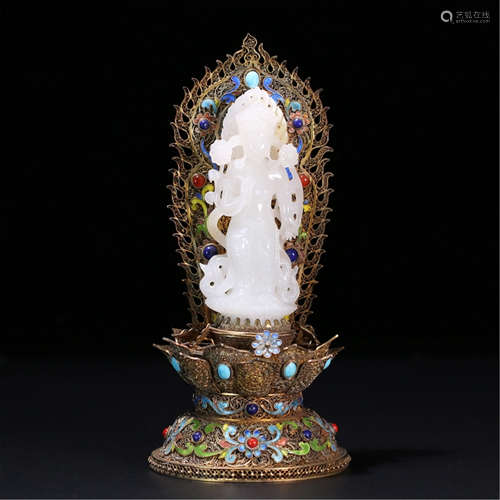 A CHINESE GILT SILVER BASE HETIAN JADE STANDING GUANYIN