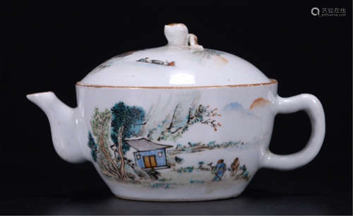 A CHINESE PORCELAIN COLOUR MOUNTAIN WATER FIGURE POT