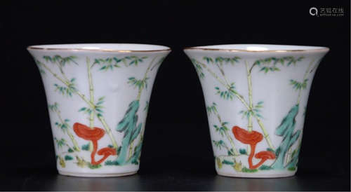 A PAIR OF CHINESE PORCELAIN FAMILLE ROSE BAMBOO CUPS