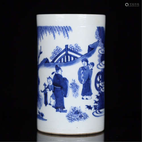 A CHINESE PORCELAIN BLUE AND WHITE FIGURE MOUNTAIN WATER BRUSH POT