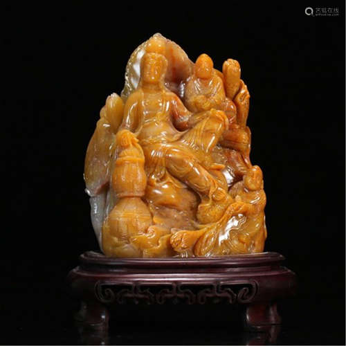 A CHINESE SOAP STONE GUANYIN AND BOYS TABLE ITEM