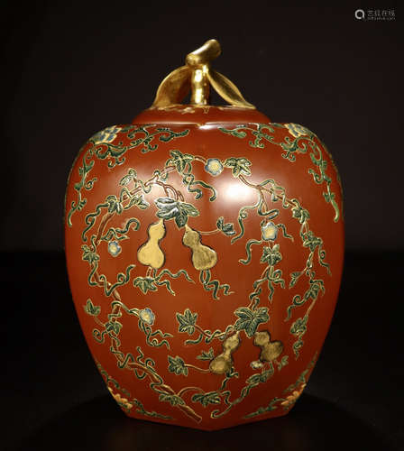 A CHINESE LACQUER CINNABAR GOURD LIDDER JAR