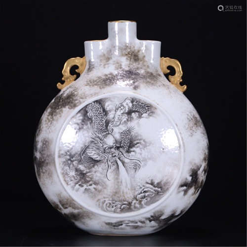 CHINESE PORCELAIN INK PAINTED DRAGON MOONFLASK VASE