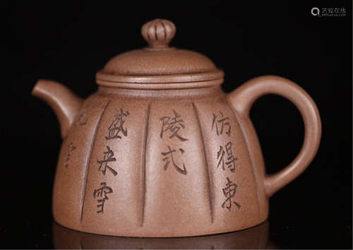 CHINESE YIXING MELON ZISHA CLAY POEM TEA POT