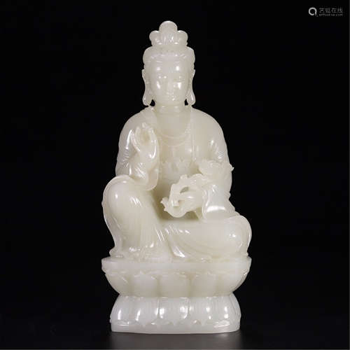 CHINESE WHITE JADE SEATED GUANYIN ON STAND