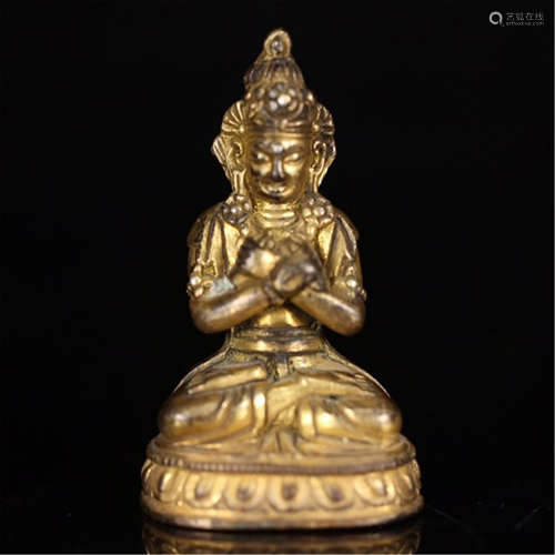 CHINESE GILT BRONZE SEATED BUDDHA ON BEAST BUDDHIST