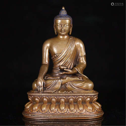 CHINESE GILT BRONZE SEATED BUDDHA ON BEAST