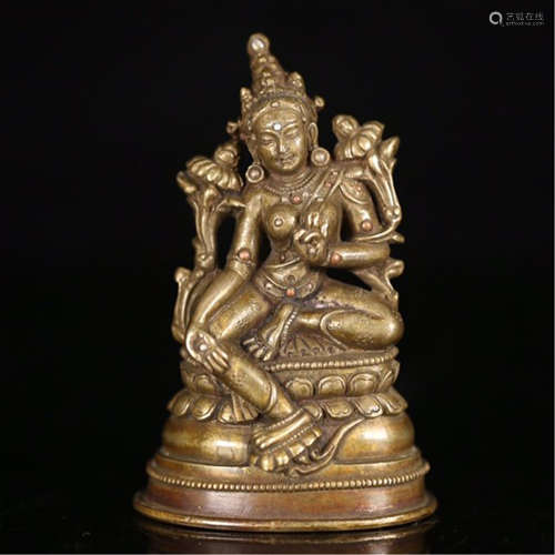 CHINESE BRONZE SEATED TARA TIBETAN PARTLY  ON LOTUS STAND