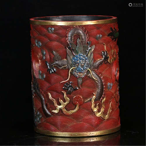 CHINESE CINNABAR BIRD AND DRAGON  BRUSH POT