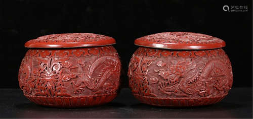 PAIR OF CHINESE RED LACQUER  LACQUER  ROUND JAR