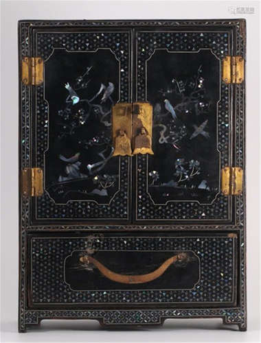 CHINESE GEM STONE INLAID LACQUER HARDWOOD DOUBLE DOOR CABINET