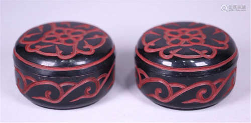 PAIR OF CHINESE RED LACQUER  LIDDED ROUND BOX