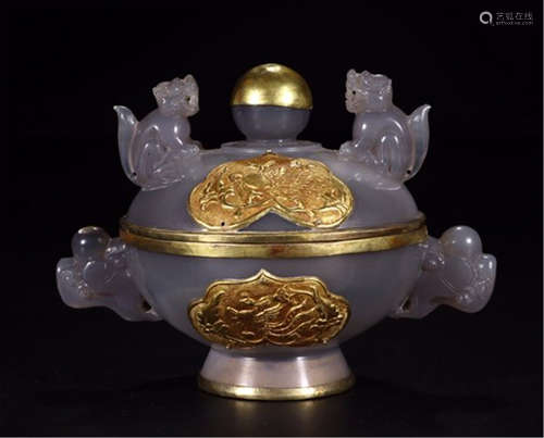 CHINESE INLAID GOLD AGATE BEAST HANDLE ROUND CENSER