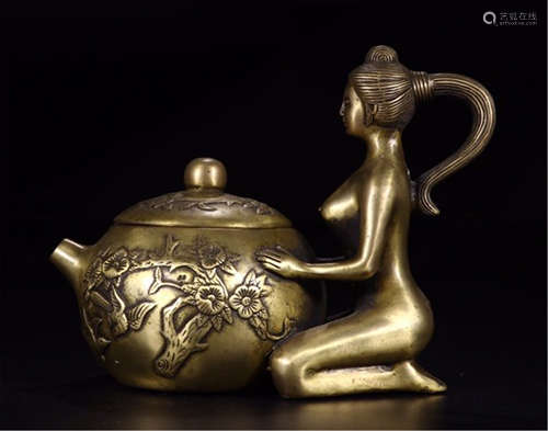 CHINESE INLAID GOLD MOUNTED BRONZE  BEAUTY AND KETTLE