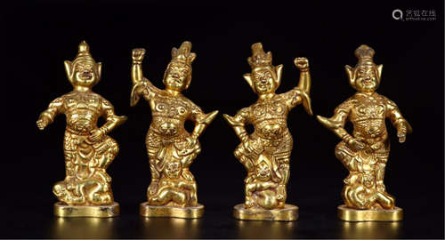 FOUR CHINESE GUARDIAN GILT BRONZE SEATED TABLE ITEMS