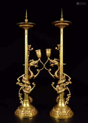 PAIR OF CHINESE GILT   BRONZE  DRAGON  CANDLE HOLDERS