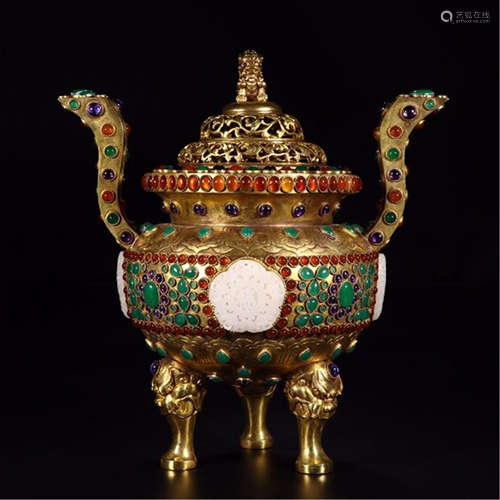 CHINESE GEM INLAID GOLD MOUNTED BRONZE TRIPLE FEET ROUND CENSER