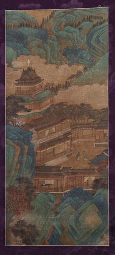 CHINESE SCROLL PAINTING OF MOUNTAIN  AND MAN VIEWS