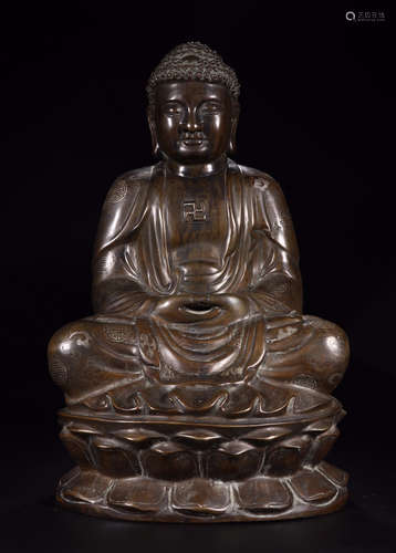 CHINESE GILT SILVER INLAID BRONZE SEATED SAKAYMUNI ON LOTUS STAND