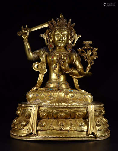 CHINESE GUANYIN ON GILT BRONZE SEATED LOTUS STAND