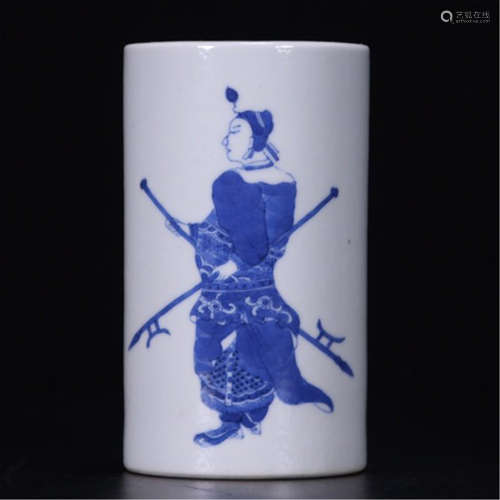 A CHINESE PORCELAIN BLUE AND WHITE FIGURE BRUSH POT