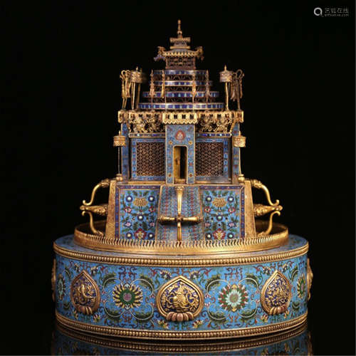 A CHINESE CLOISONNE GEM STONE INLAID CASTLE TABLE ITEM