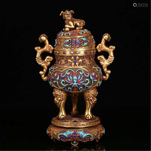 A CHINESE GOLD GEM STONE INLAID DOUBLE EARS TRIPLE FEET INCENSER CAGE