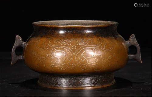 A CHINESE BRONZE WITH SILVER DOUBLE EARS CENSER