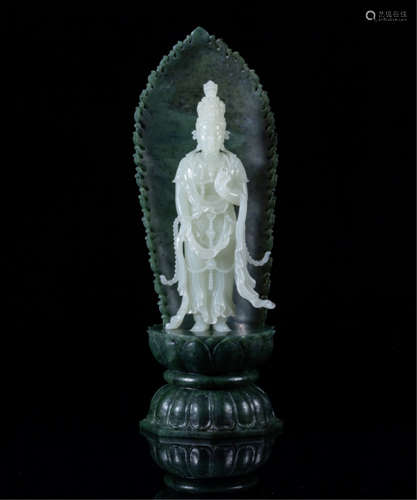 A CHINESE HETIAN WHITE JADE GUANYIN STAND GREEN BASE