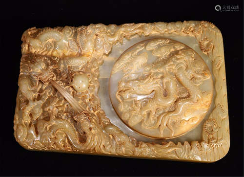 A CHINESE JADE DRAGON LIDDED INK STONE