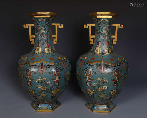 A PAIR OF CHINESE CLOISONNE HEXAGONAL DOUBLE EARS VASES