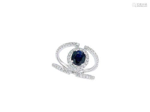 藍寶石配鑽石戒指鑲18K白金