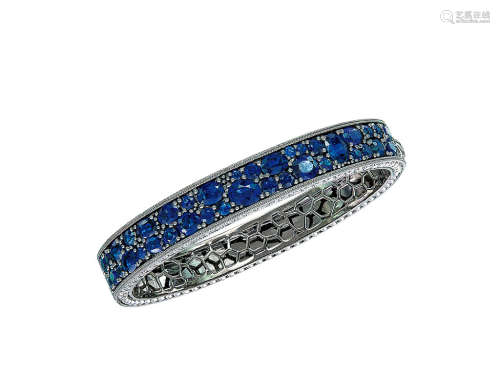 藍寶石配鑽石手鐲鑲18K黑金
