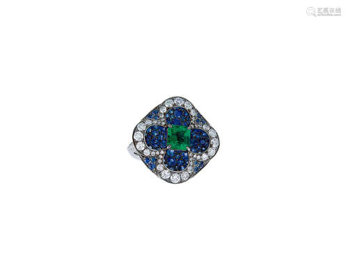 祖母綠、藍寶石配鑽石戒指鑲18K白金