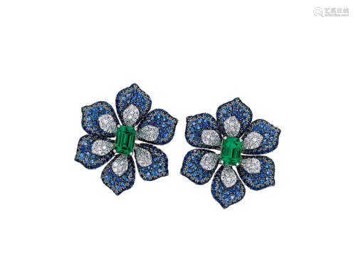 祖母綠、藍寶石配鑽石耳環鑲18K白金(2)