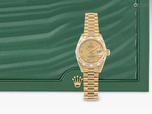 勞力士蠔式''DATEJUST''18K黃金鑽石圈及字自動上鏈日曆鏈帶女裝腕錶