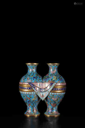 清中期 铜胎掐丝珐琅花卉纹双联包袱瓶