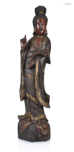 GUANYIN, HOLZ, FARBIG GEFASST