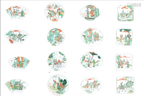 清光绪 五彩人物故事瓷板十六只