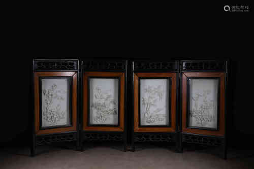 民国 雕瓷梅兰竹菊纹桌屏四件一套
