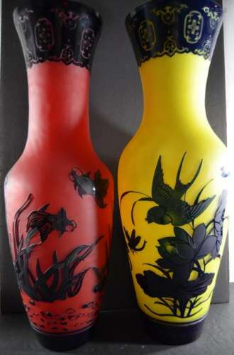 A Pair of Chinese Red and Yellow Peking Glass