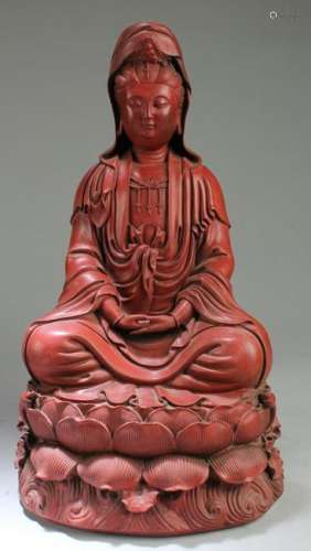 Chinese Cinnabar Lacquered Guanyin Statue