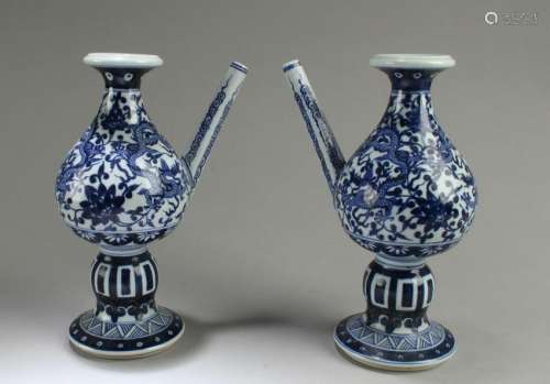 A Pair of Blue & White Porcelain Ewers