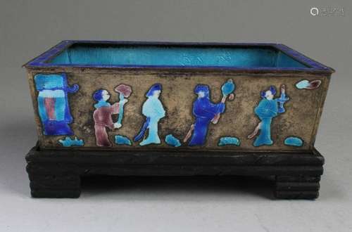 Chinese Silver Plated Enamel Rectangular Shaped Contain