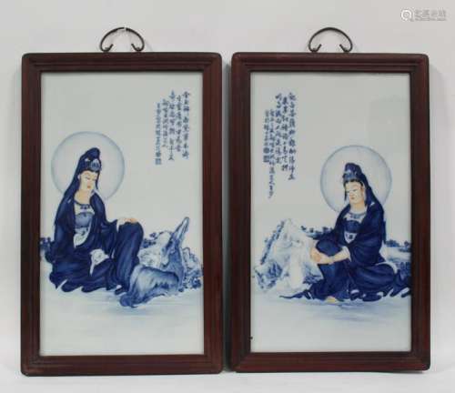 A Pair of Hardwood Framed Porcelain Guanyin Plaque