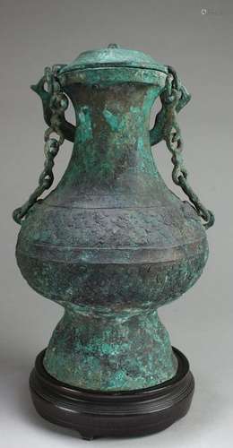 Chinese Bronze Container with Wooden Base